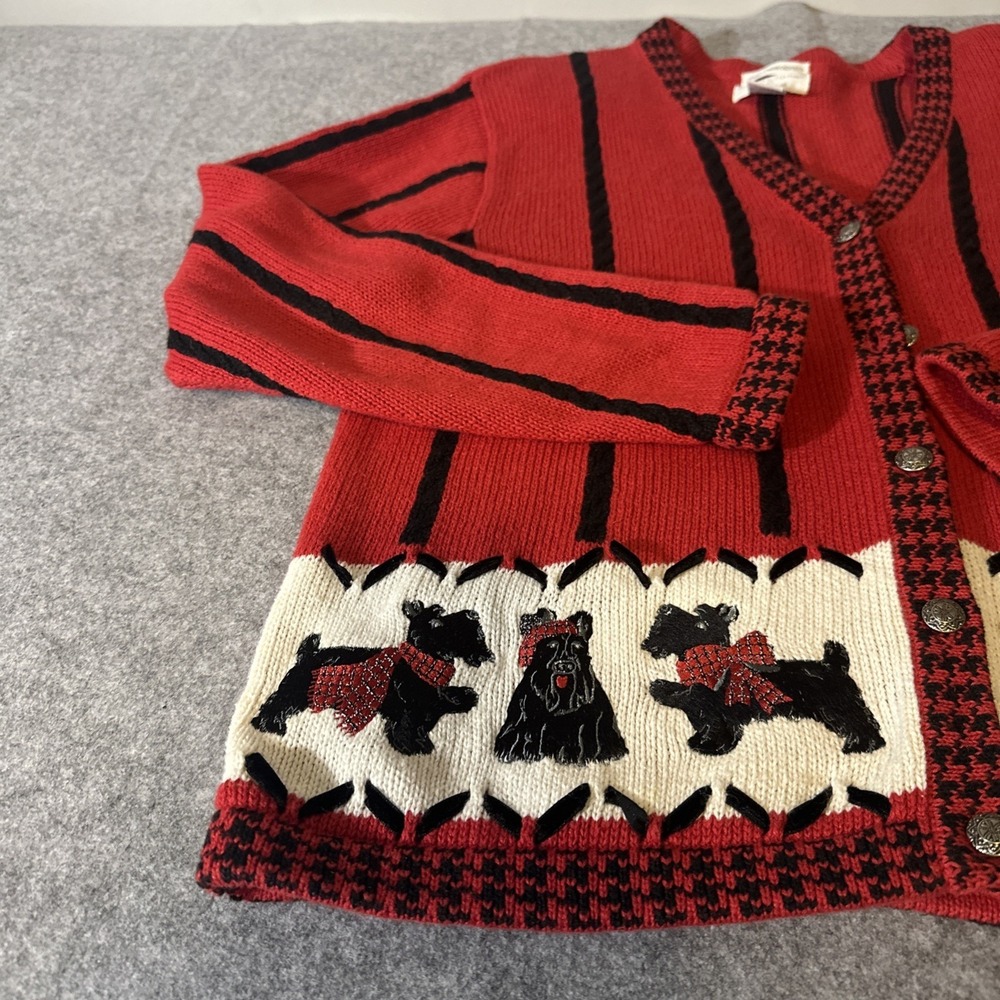 Vtg 90s Christopher Banks Scottish Terrier Cardigan Med Red Black HandEmbroiderd - Picture 2 of 16